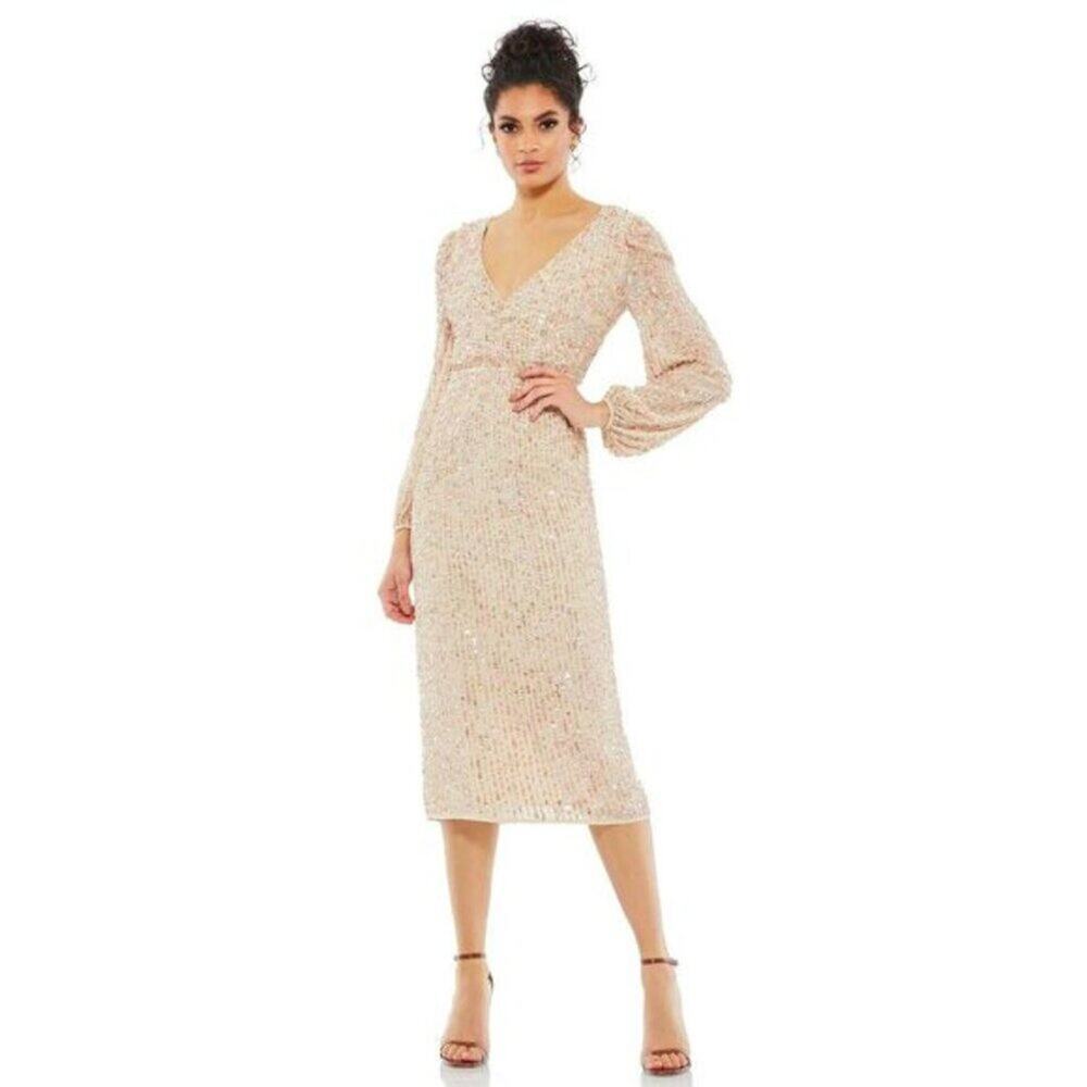 FLAW NWT Mac Duggal Sequined Illusion Puff Sleeve V Neck Midi Dress Nude 4 #9819